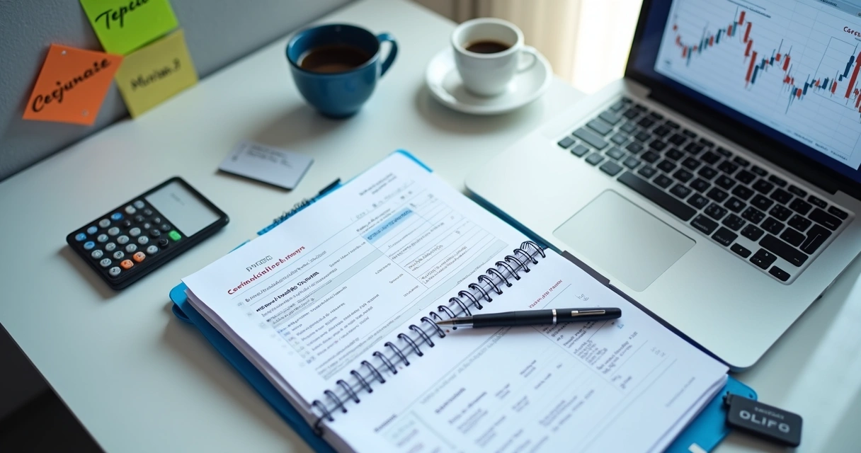 Caderno de prova e notebook com gráficos financeiros em mesa de escritório 