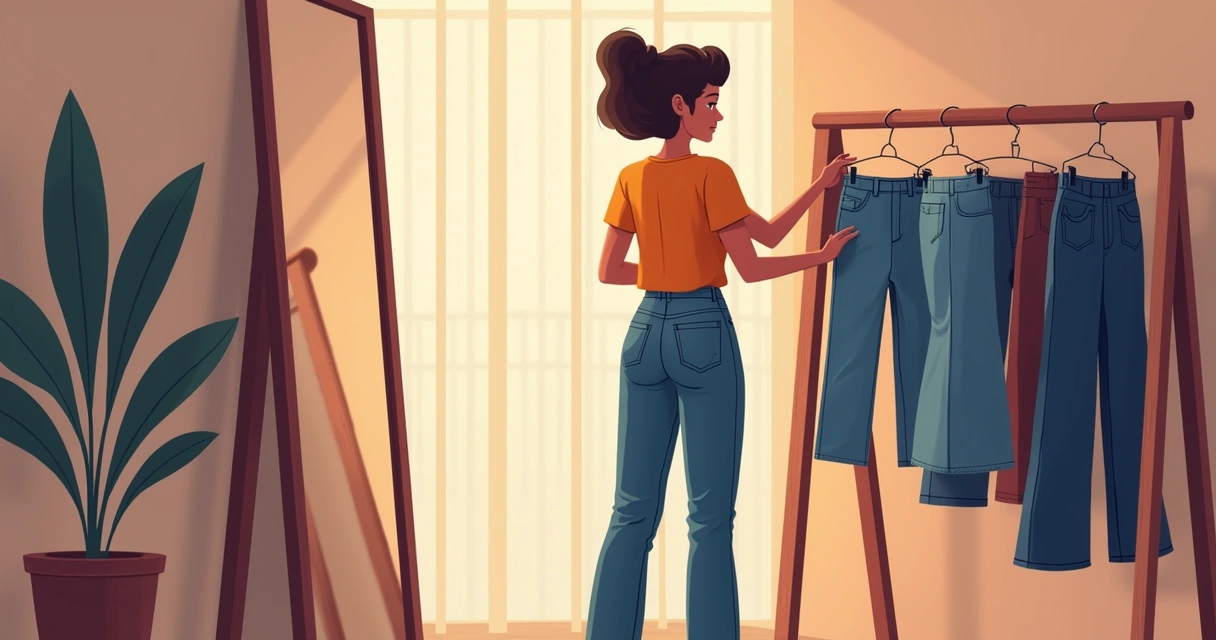 Mulher experimentando calça jeans em frente ao espelho 