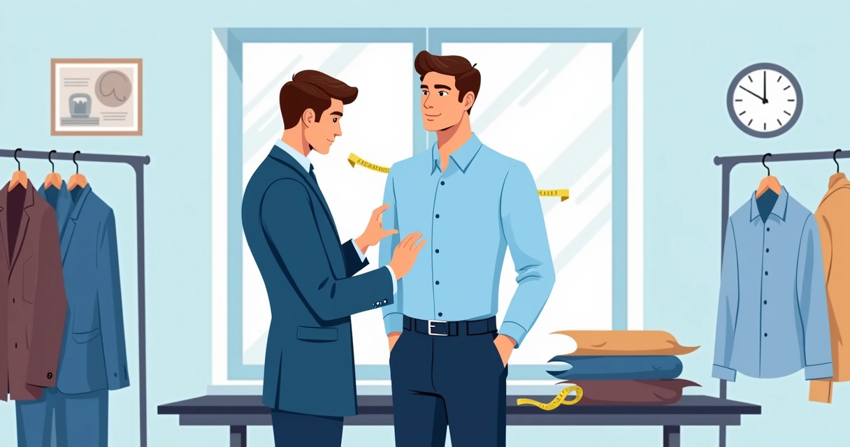 Homem em pé experimentando camisa masculina sendo ajustada por alfaiate 