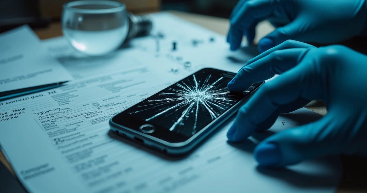 Celular danificado com tela rachada sobre mesa de provas digitais 