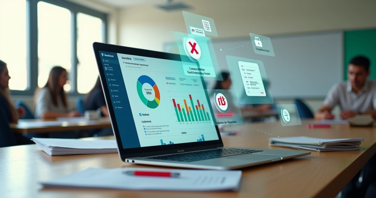 Gestor escolar analisando prova digital em laptop com gráficos na tela 