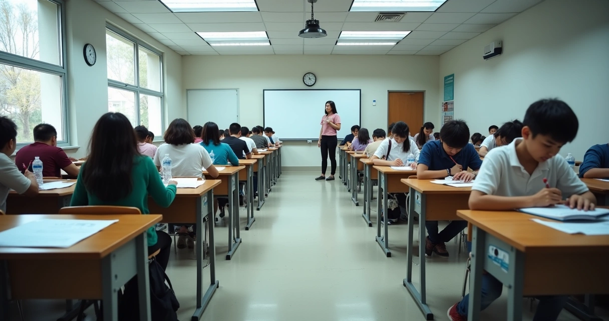 Aplicação da prova do Enade em sala ampla com estudantes concentrados 