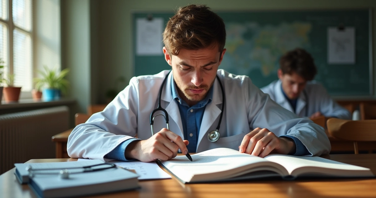 Estudante de medicina analisando prova escrita à mesa 
