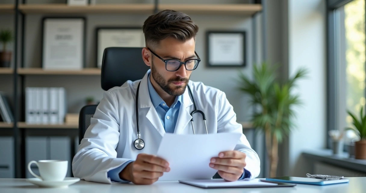 Médico analisa resultado de prova em escritório 