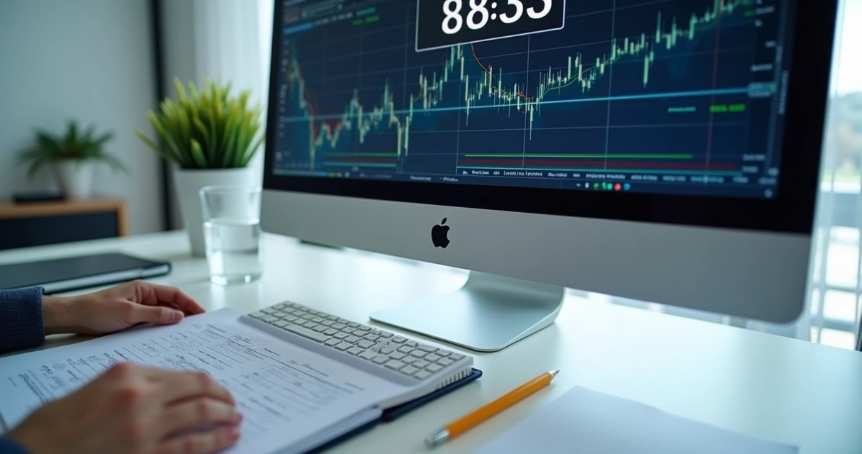 Mesa com computador e simulado de certificação do mercado financeiro 