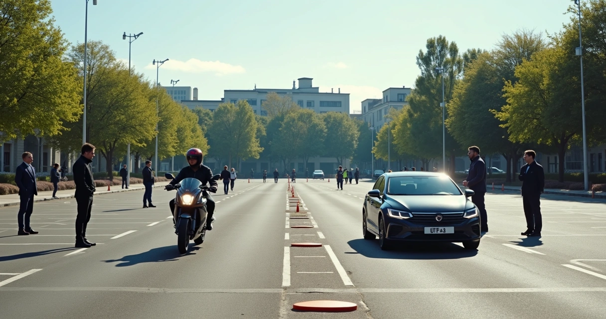 Pessoa fazendo exame prático de moto e carro, instrutores e fiscais presentes