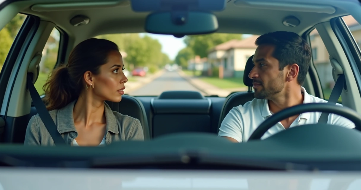 Prova prática de CNH com examinador em rua de bairro brasileiro