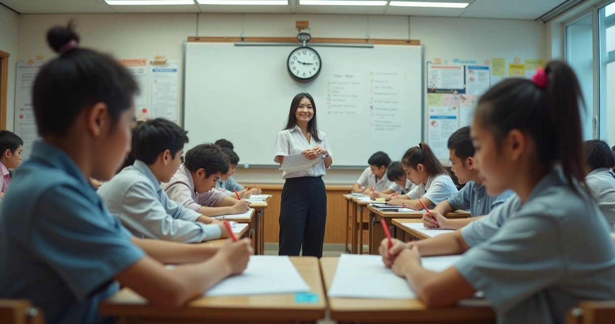 Alunos sentados em carteiras fazendo simulado escrito 