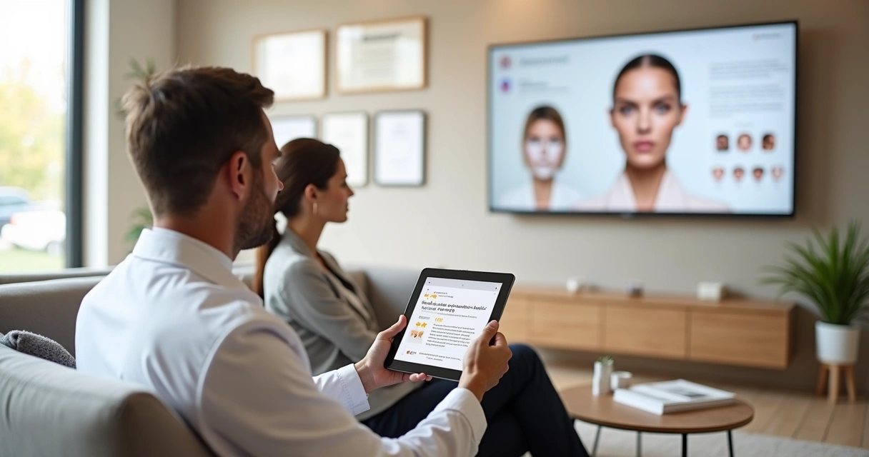 Profissional de harmonização mostra depoimentos e avaliações em tablet para paciente na clínica 