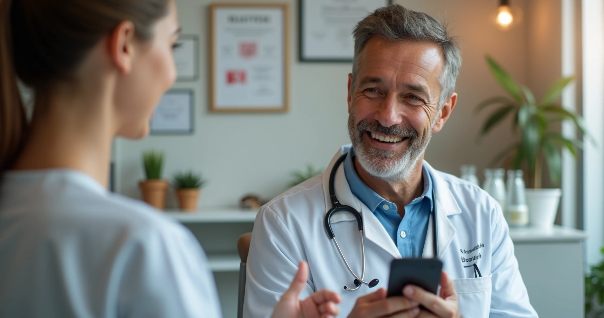 Paciente sorrindo ao lado de dentista segurando celular com avaliações 