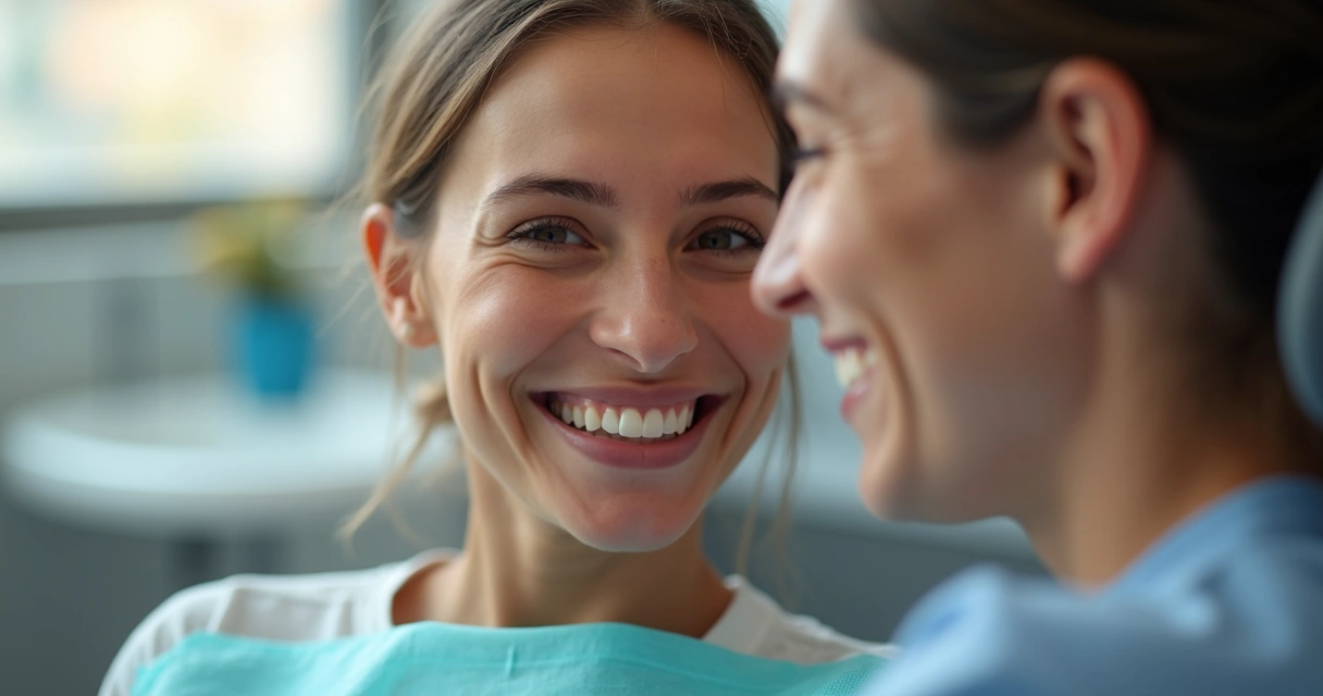 Paciente e dentista sorrindo juntos após tratamento odontológico 
