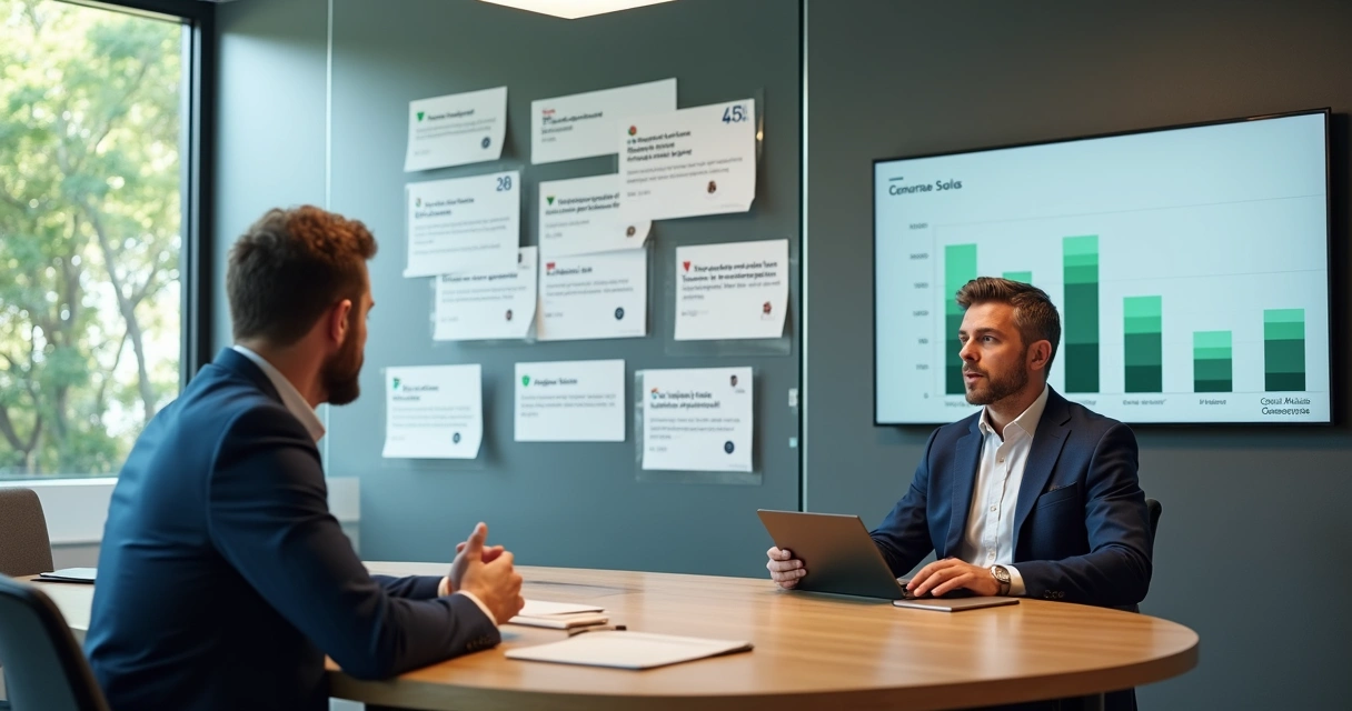 Empresário mostra mural de depoimentos para cliente em reunião de vendas 