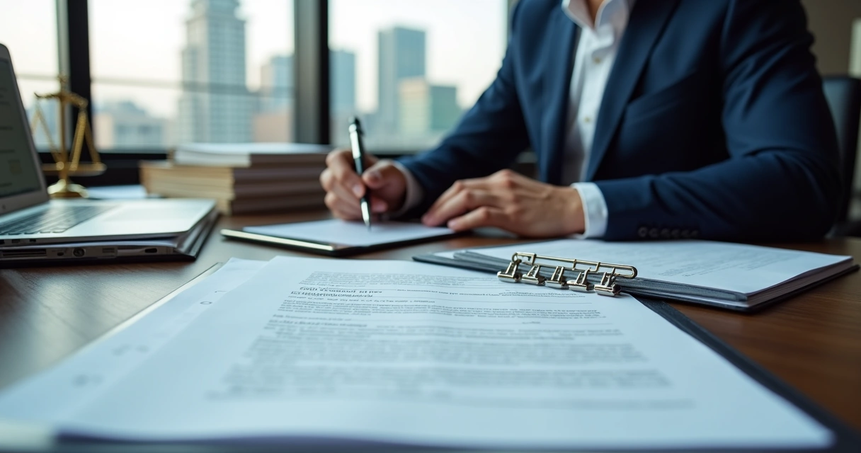 Advogado analisa documentos de vínculo empregatício sobre a mesa de escritório 