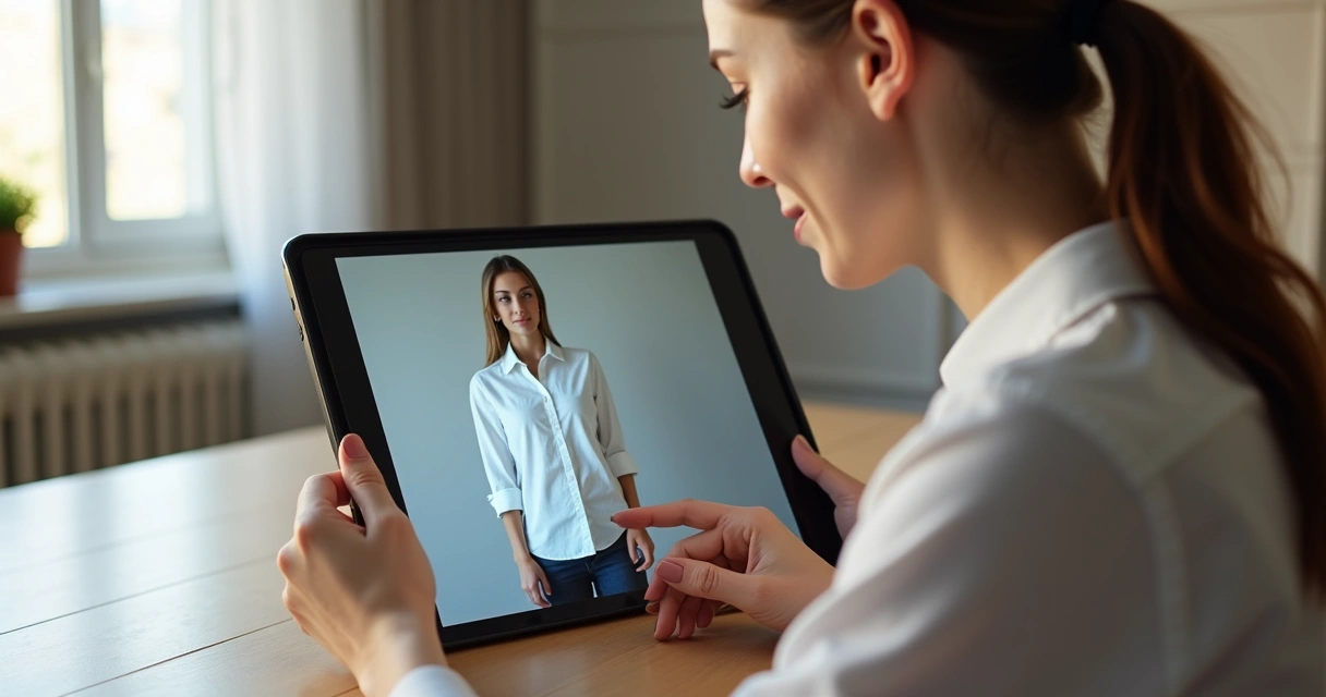 Mulher usando provador digital em loja online com tablet, mostrando roupas sobrepostas em corpo digitalizado 