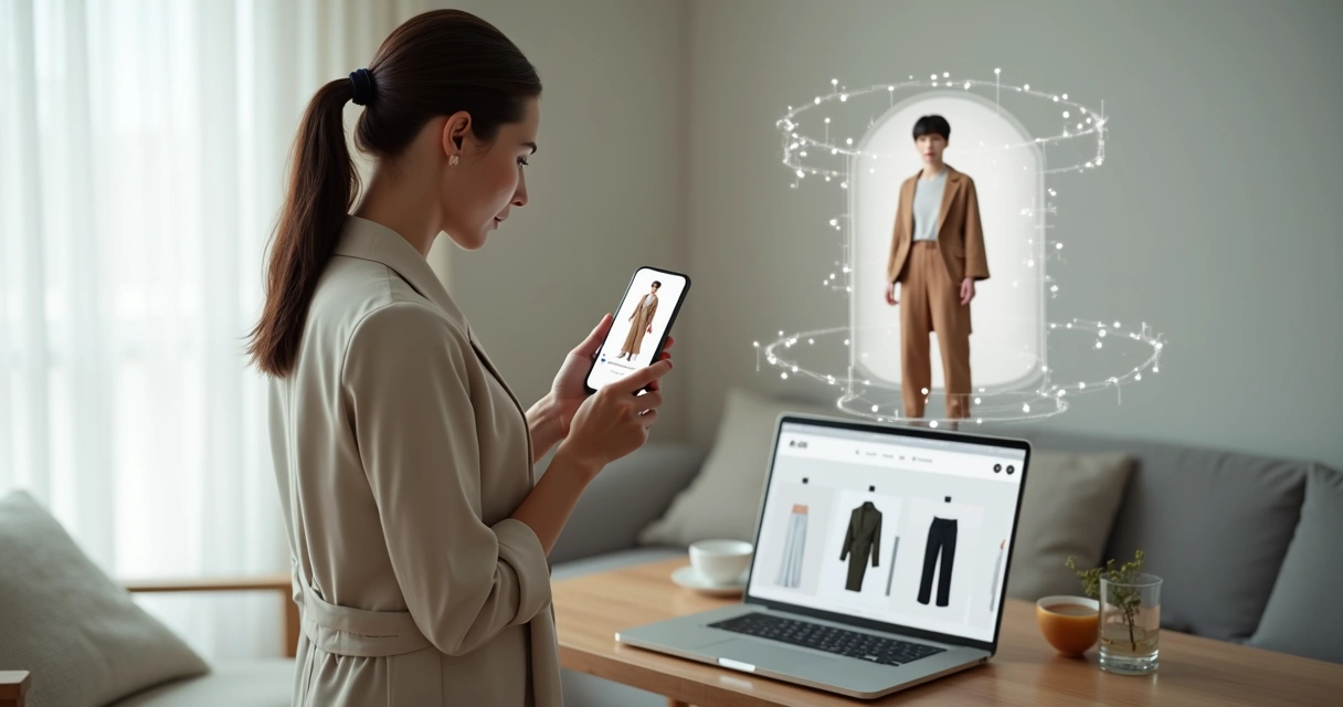 Consumidora usando provador virtual de roupas com avatar 3D em loja online de moda 