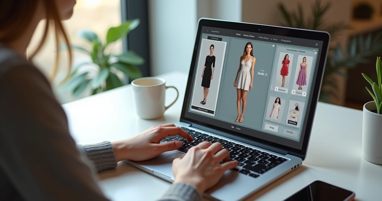 Consumidora usando provador virtual de roupas em loja online no notebook 