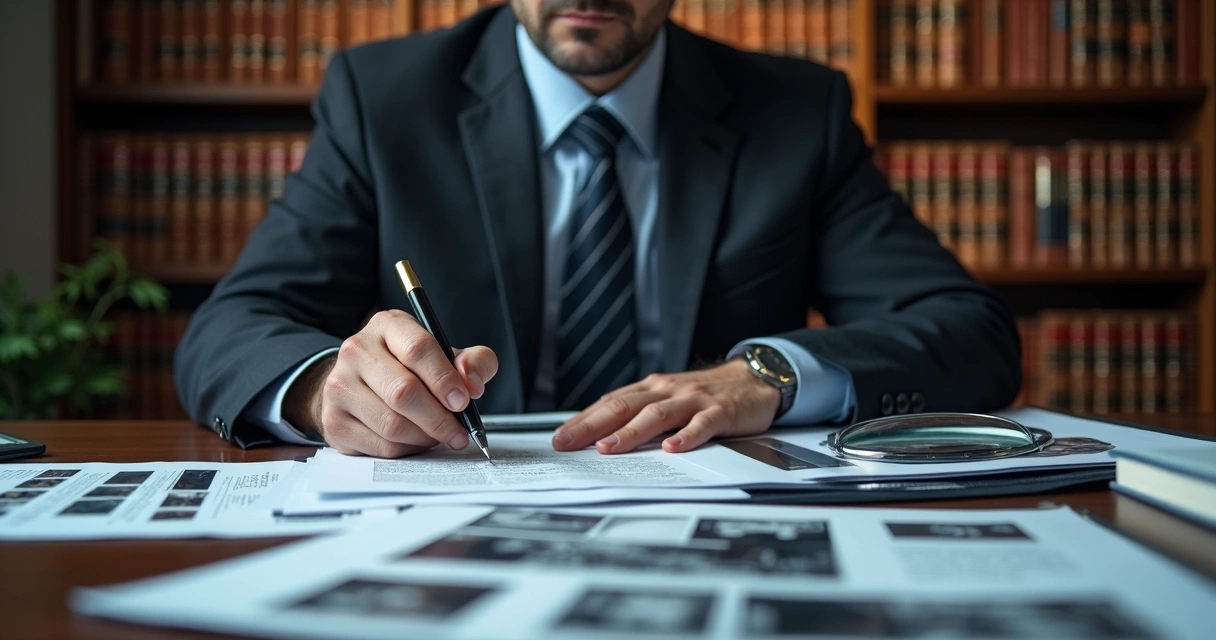 Advogado analisando provas e laudos periciais 