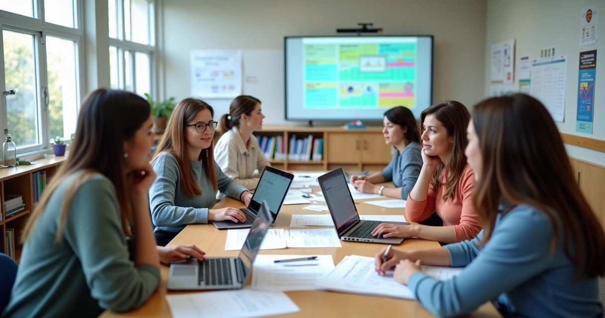Sala de professores organizando avaliações com computadores e quadros digitais 