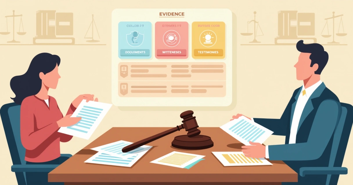 Ilustração de uma cena de tribunal com destaque para provas, documentos e depoimentos, enfatizando o processo administrativo.