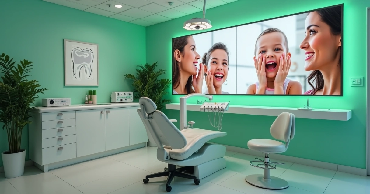 Mural digital moderno com depoimentos de pacientes em clínica odontológica