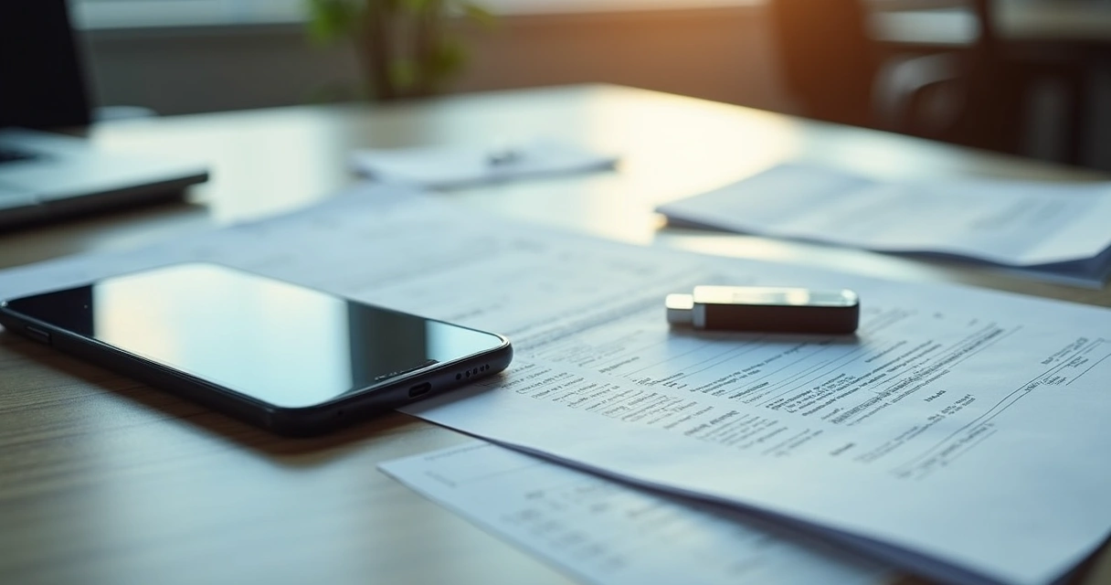 Documentos e provas trabalhistas espalhados em mesa mostrando descumprimento de direitos. 