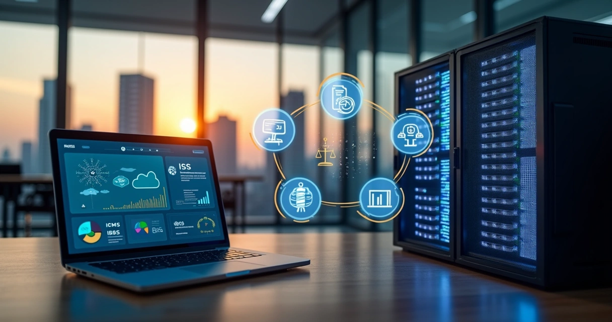 Servidor de internet com ícones digitais e símbolos de impostos sobrepostos 