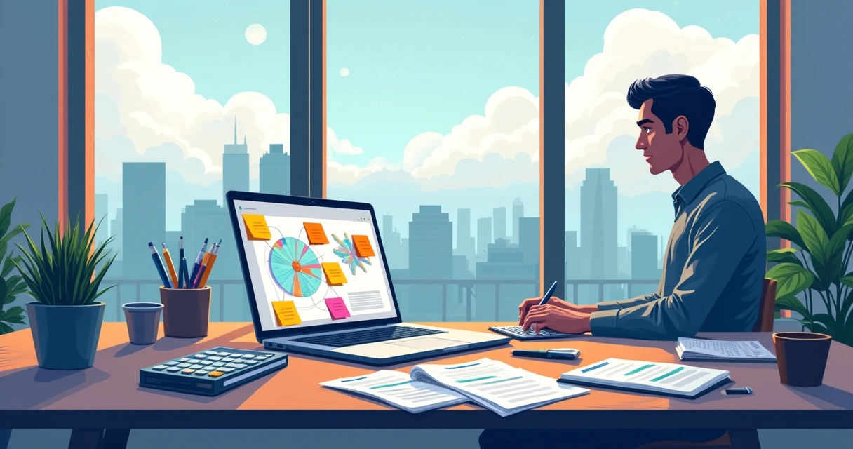 Ilustração de um escritório de provedor de internet com gráficos de impostos em um laptop e post-its coloridos.