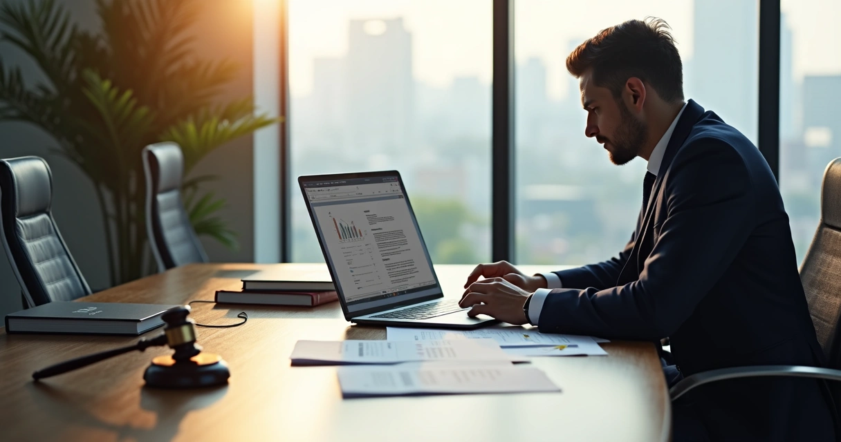 Advogado analisando documentos sobre leis tributárias em uma mesa de escritório moderna 