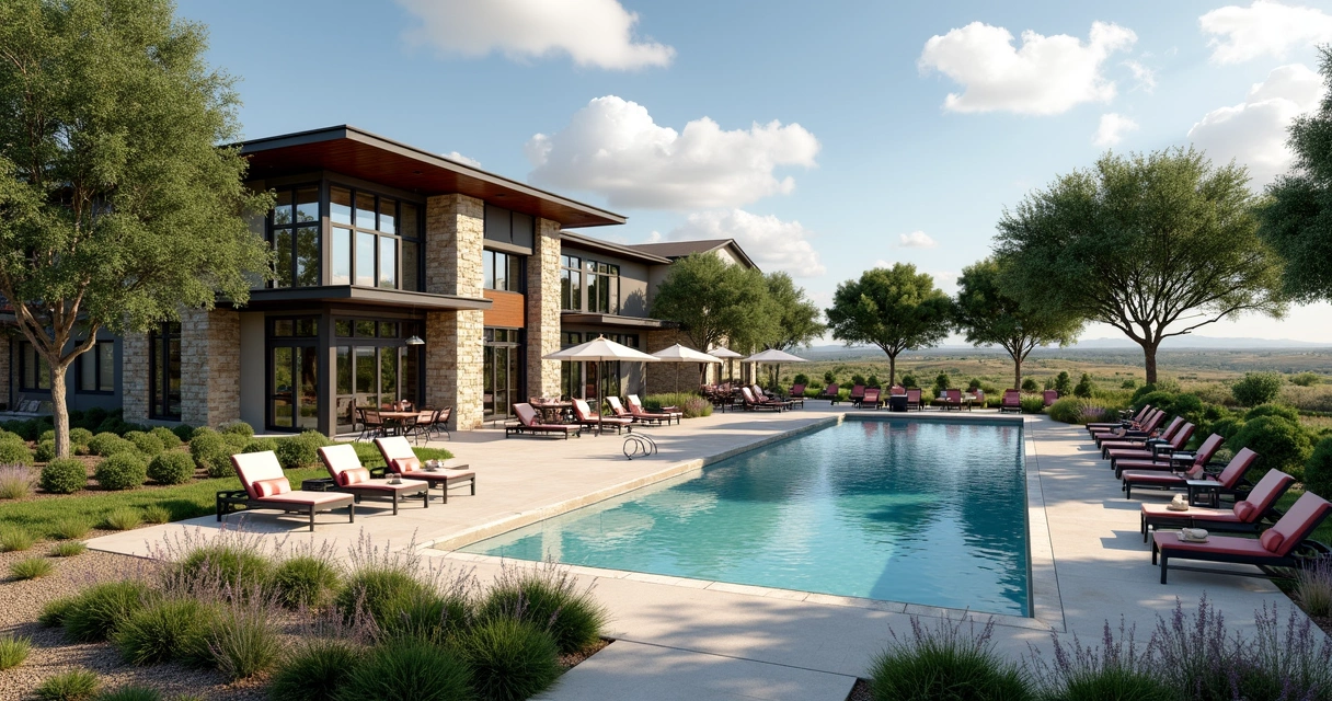 Modern clubhouse and pool with lounge chairs and oak trees 
