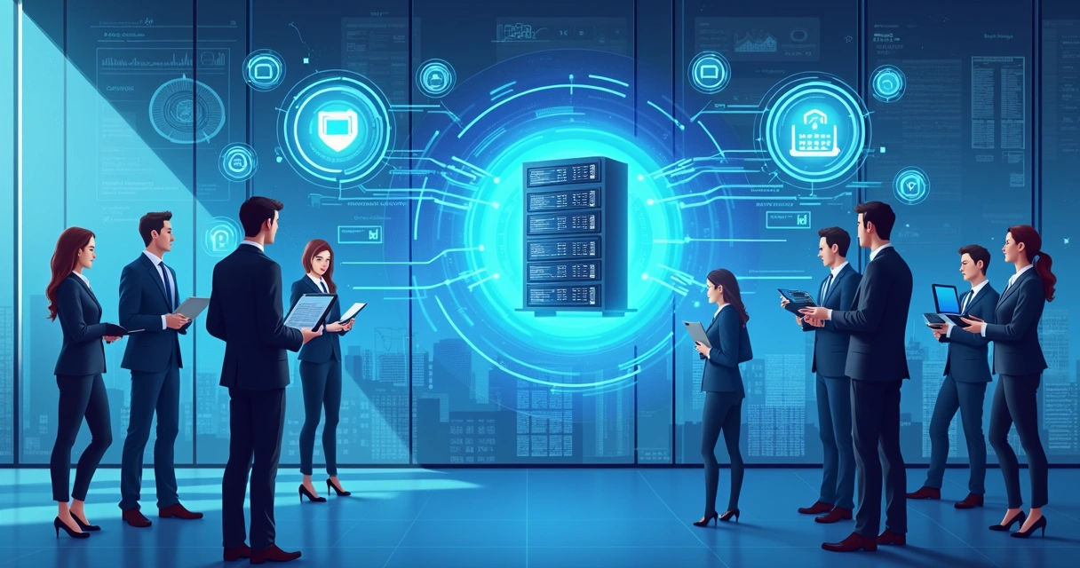 Businesspeople around a large digital proxy server interface