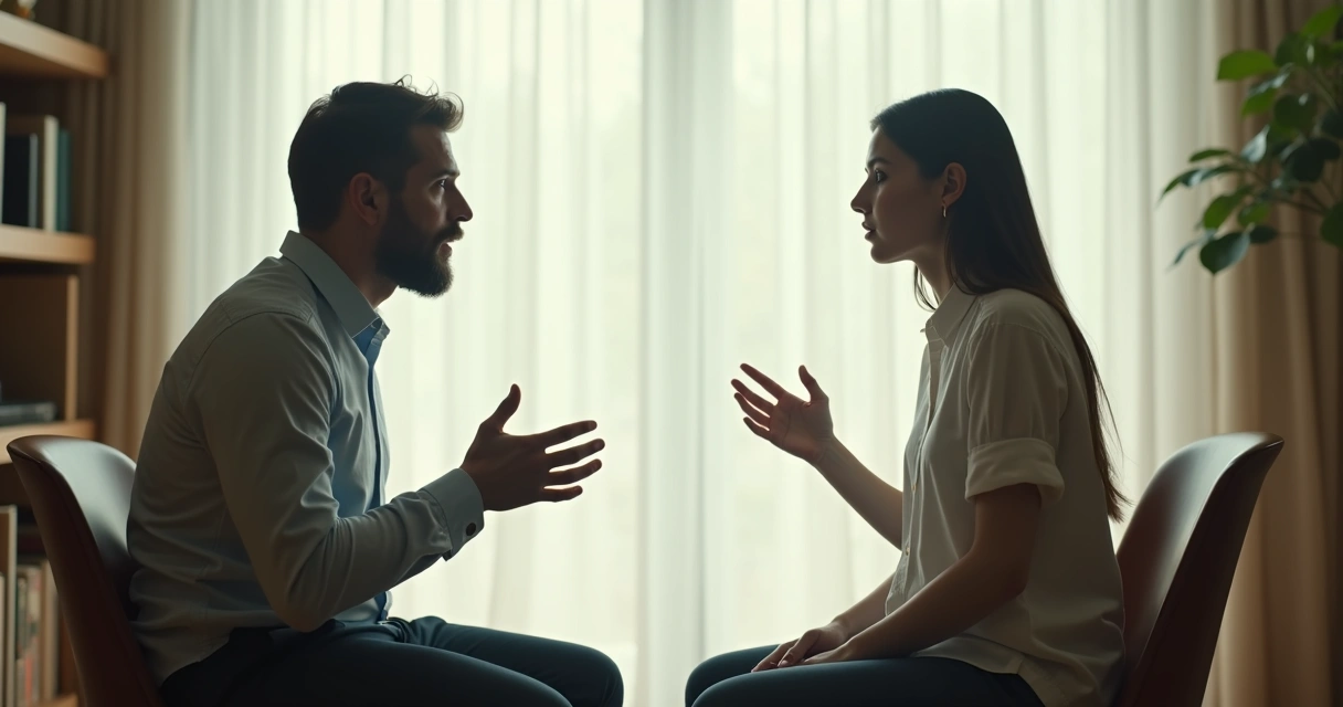 Dos personas frente a frente con siluetas superpuestas mostrando proyecciones emocionales 