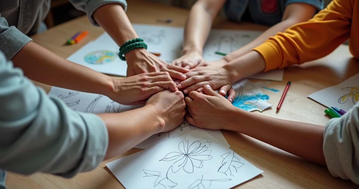 Manos de diferentes personas unidas mostrando trabajo en equipo para un proyecto comunitario 