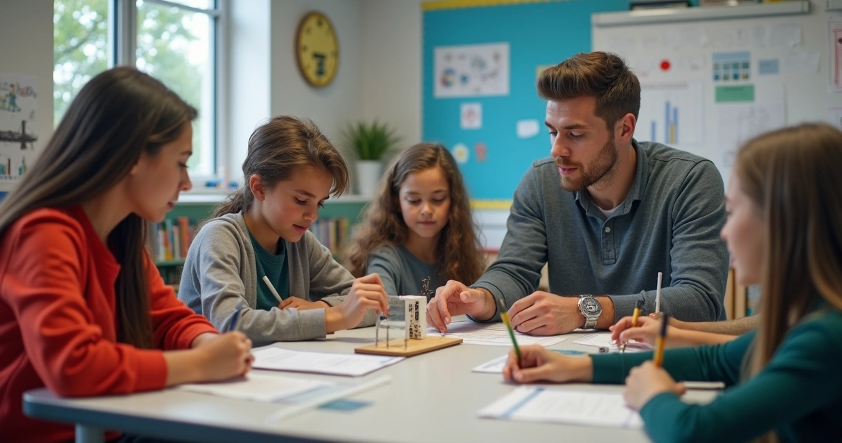Docente guiando a estudiantes de distintas edades y géneros en un proyecto de aula.
