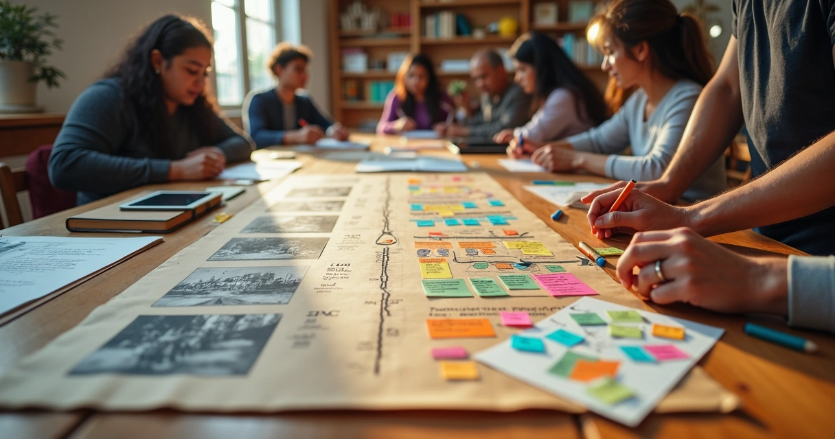 Personas diseñando un proyecto social sobre una mesa con símbolos del pasado y del futuro 