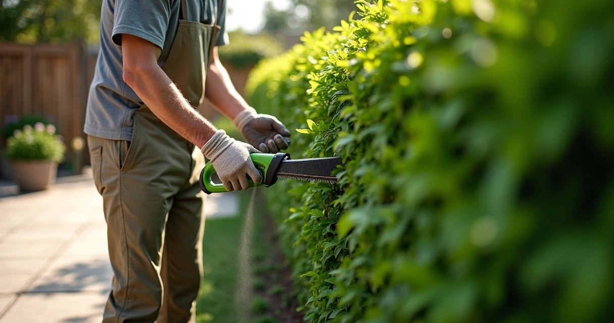 Gardener pruning a thick hedge along patio 