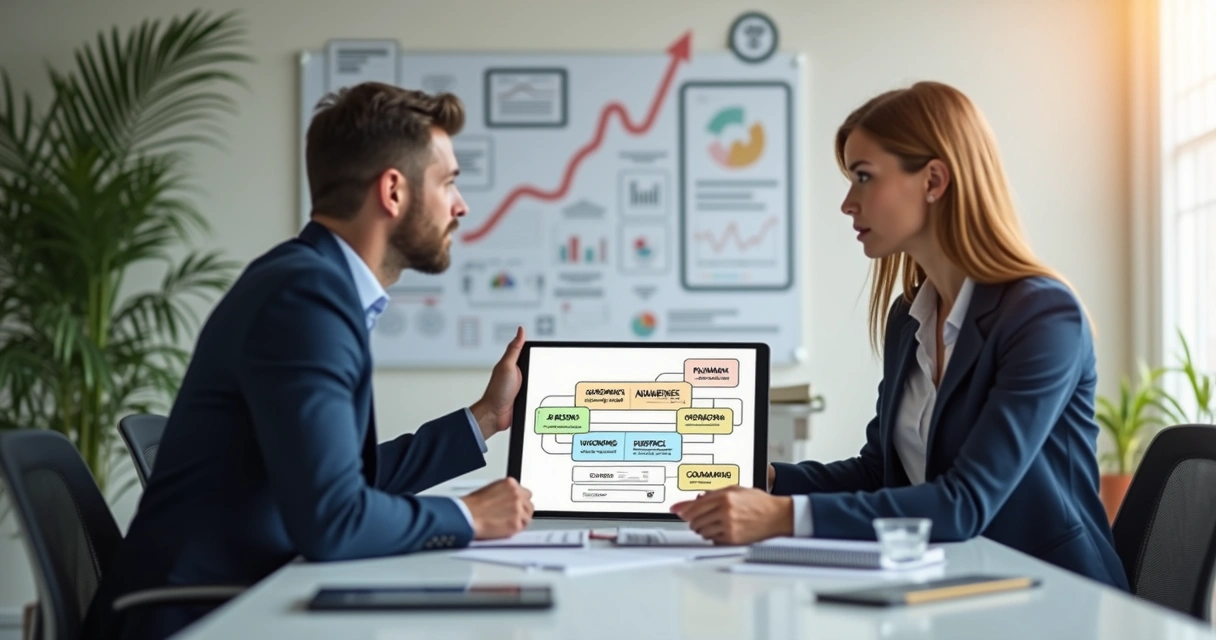 Visual diagram of a professional coaching session with two people discussing goals around a desk. 