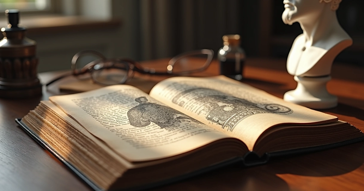 Livro antigo aberto com páginas destacando símbolos do inconsciente e um busto de Freud ao lado 