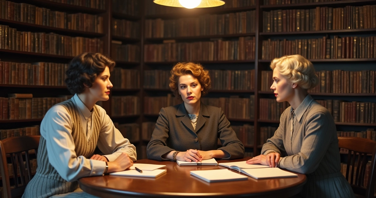 Três mulheres discutindo sentadas ao redor de uma mesa com cadernos e livros de psicanálise 