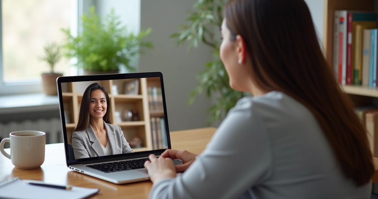 Mulher brasileira em atendimento de psicanálise online em notebook