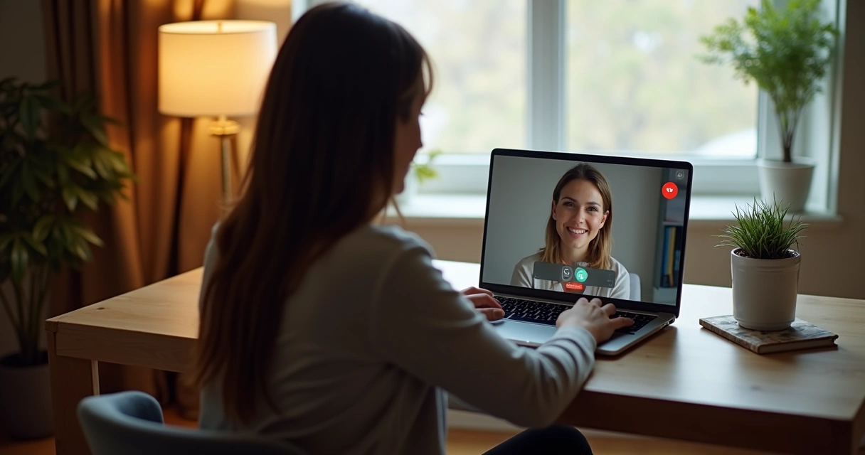 Sessão de psicanálise online em ambiente tranquilo com notebook sobre a mesa 