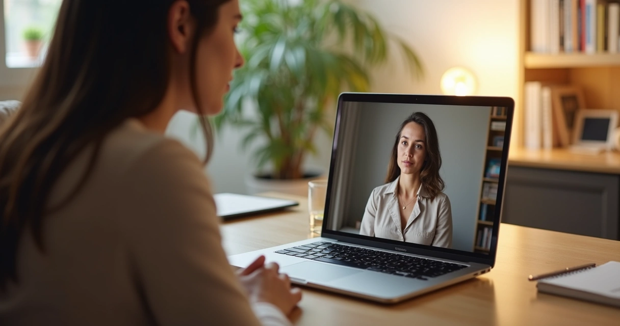 Mulher em consulta de psicanálise online por videochamada no notebook