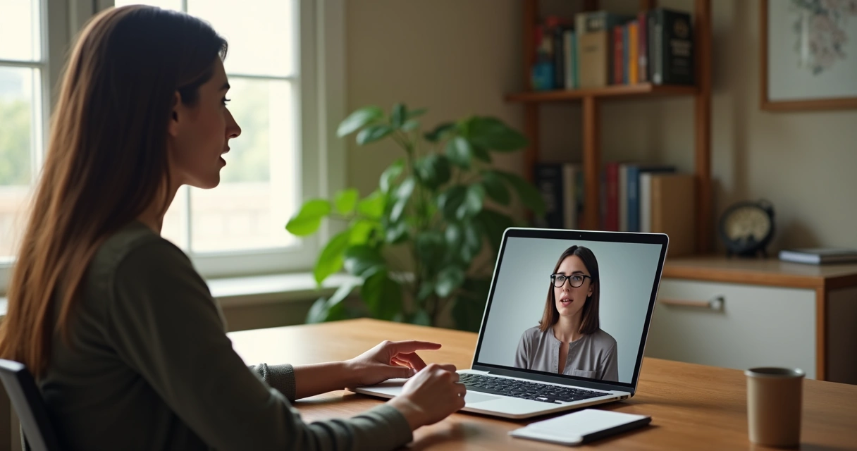 Mulher em consulta de psicanálise online por videoconferência em ambiente tranquilo