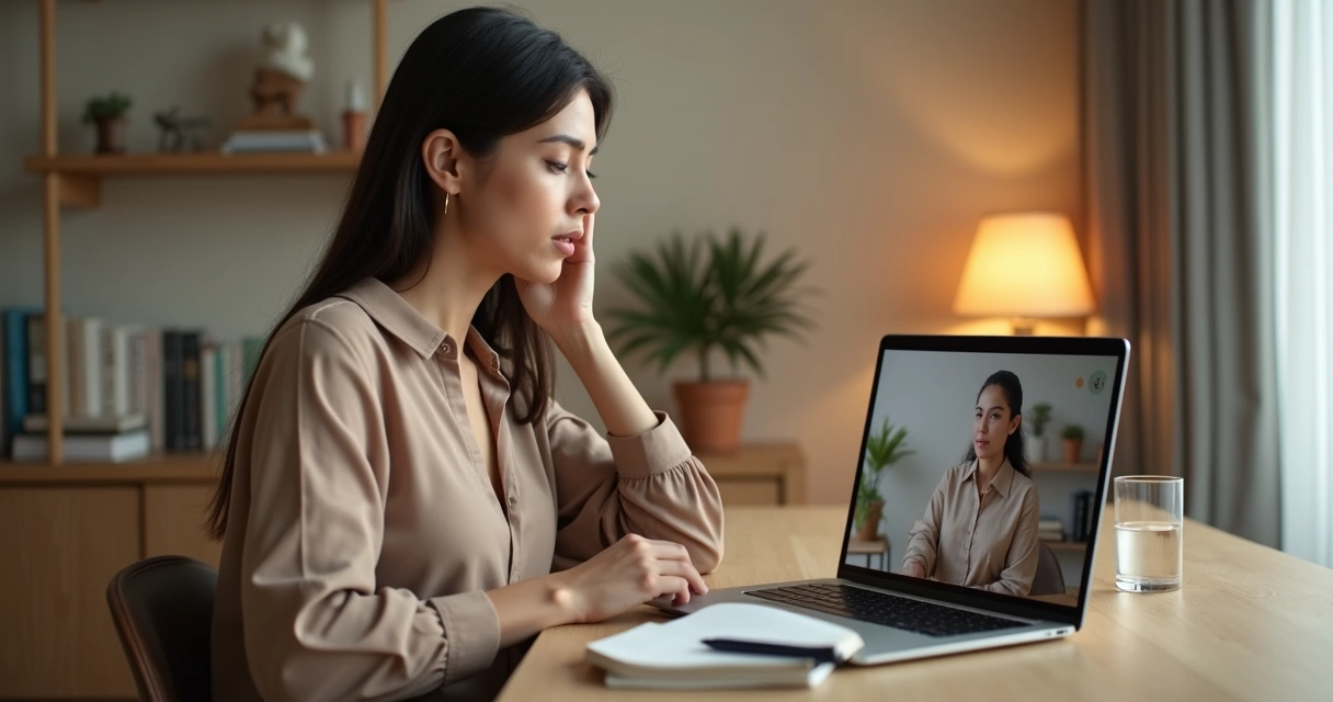Mulher em consulta de psicanálise online em ambiente acolhedor, com foco em ética e sigilo