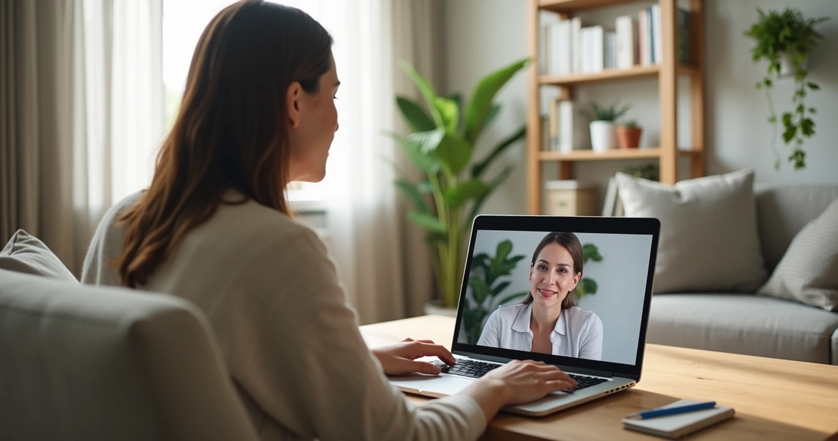 Mulher em consulta de psicanálise online em clima acolhedor