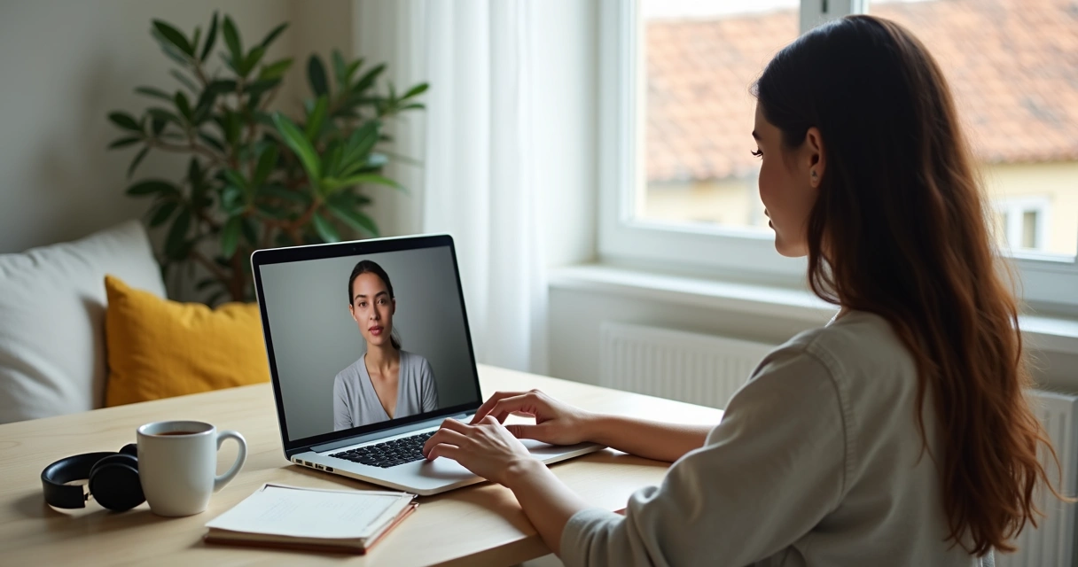 Mulher brasileira em videoconferência de terapia online em casa em Portugal