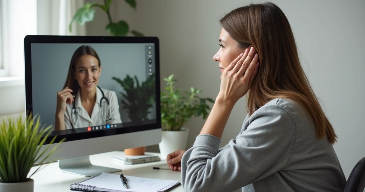 Psicanalista online atenta em videoconferência com paciente 