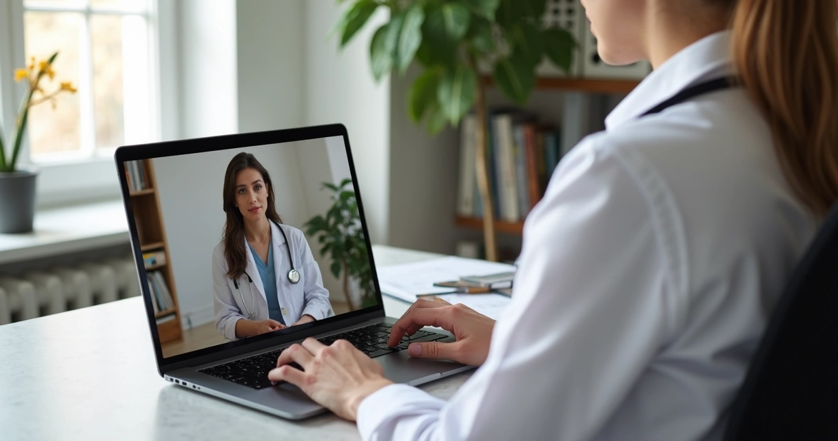 Psicanalista conduzindo uma sessão online em ambiente tranquilo, com paciente em videoconferência