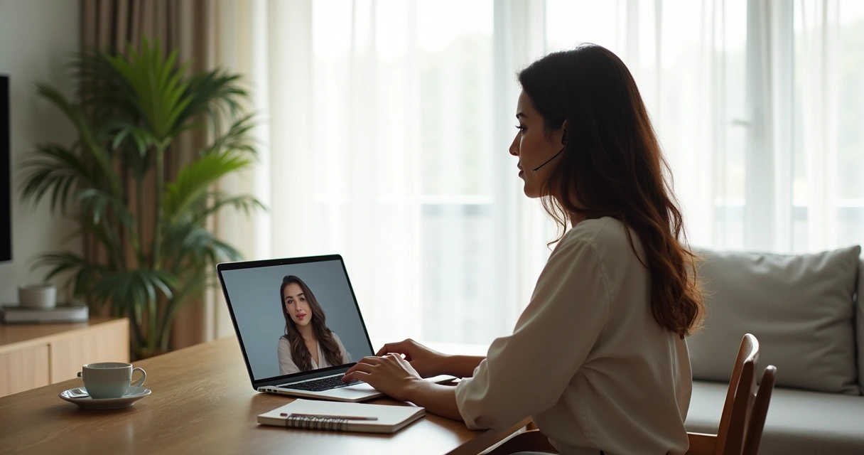 Mulher em atendimento psicanalítico online falando com terapeuta pelo notebook