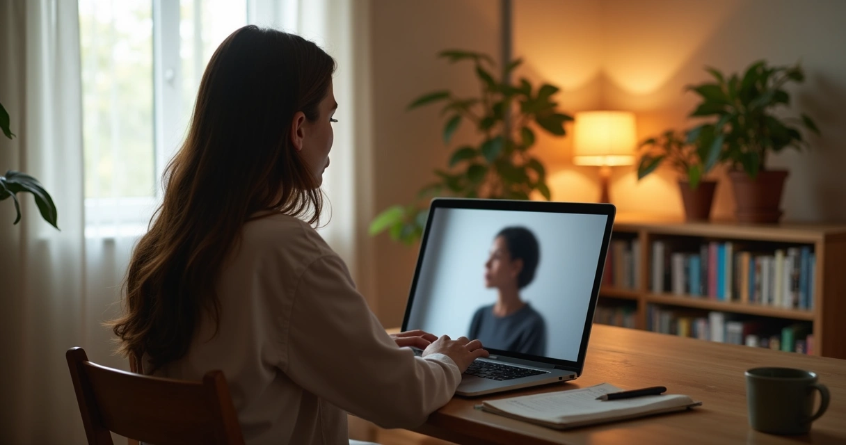 Mulher em atendimento psicanalítico online em ambiente acolhedor