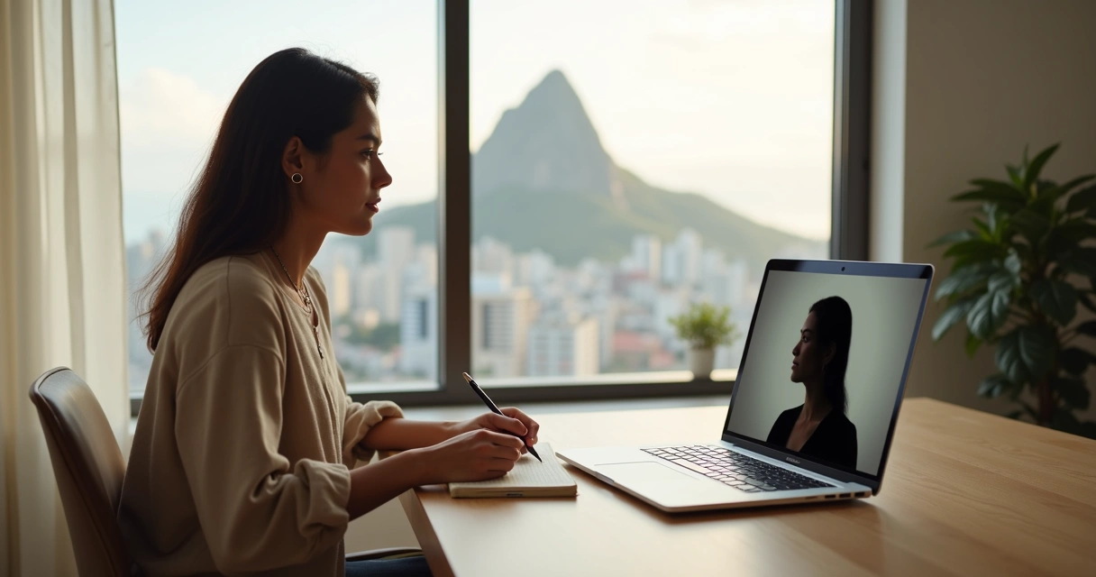 Mulher atendendo paciente em sessão de psicanálise online em notebook com vista para o Rio de Janeiro ao fundo